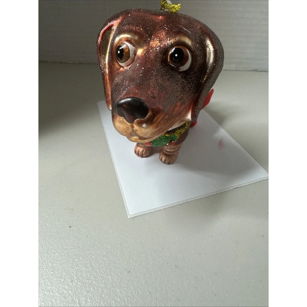 Robert Stanley Vintage Christmas Blown Glass Ornament Brown Dog W‎ Red Tutu
